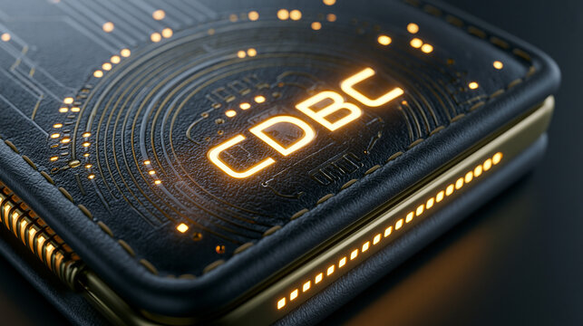 Ein modernes schwarzes Hightech-Ger&auml;t mit leuchtendem goldenen CBDC-Schriftzug auf einer Platine mit Schaltkreisen.