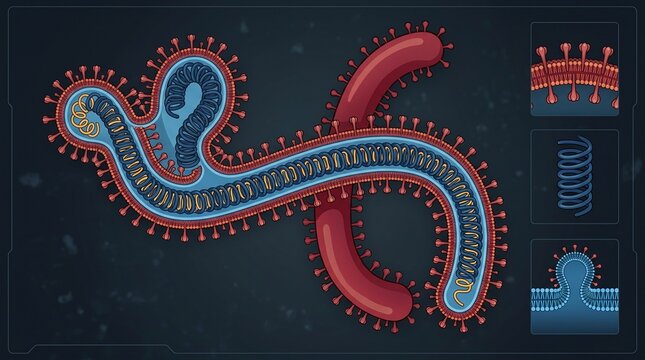 Illustration of ebola virus structure showing viral envelope and rna