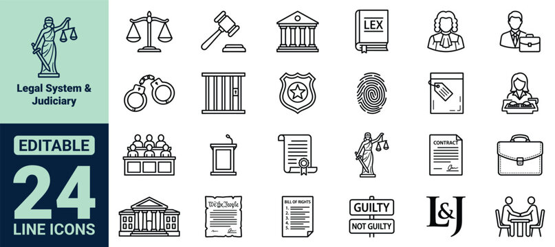 Legal System and Judiciary Icon Set Featuring Scales of Justice Gavel Courthouse Law Book Judge Lawyer Handcuffs Prison Bars Police Badge Fingerprint and Evidence Bag Icons