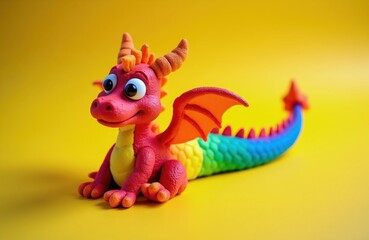 Naklejka premium Brightly colored handmade clay dragon toy with big eyes sits on a vibrant yellow background. This fantasy creature features rainbow tail wings and orange horns ready for playtime.