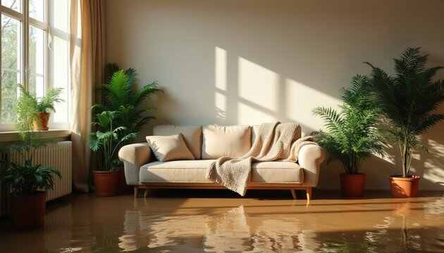 Living room interior with beige sofa and green plants has flooded floor. Unexpected water deluge covers the floor around furniture and plants. Home disaster indoors.