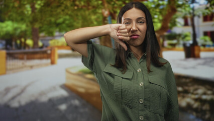Obraz premium Hispanic young brunette woman making thumbs down gesture with raised arm in park; disapproval protest dissent.