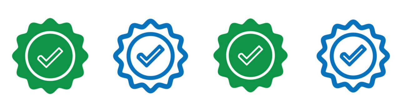 Verified badge icon tick symbol vector approved check mark icon. Blue green checkmark icons - Certificate badge Quality certify icon
