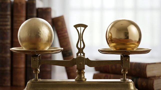 Concept of equality and justice showing perfectly balanced gold balls on an antique scale with old books.