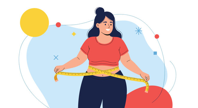 Smiling woman measuring her waist with a yellow measuring tape to track her weight loss and fitness progress successfully.
