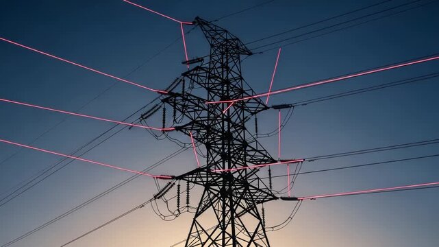 High voltage electricity pylon with glowing red power lines