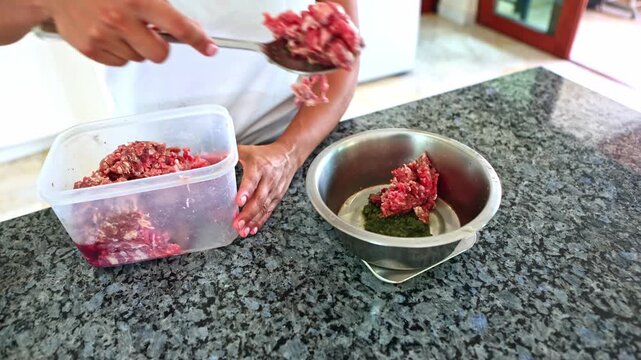 Woman preparing raw meat BARF diet for dogs