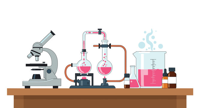 Comprehensive chemistry laboratory setup on a wooden table featuring a microscope, distillation apparatus, and glass flasks.