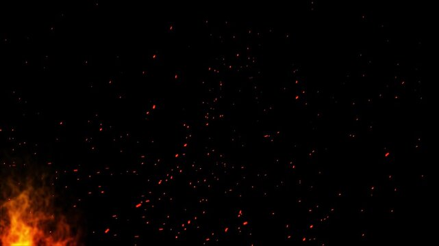 Fire flames burning realistic fire particles and smoke overlay background Flying sparks and embers from a fire, Abstract dark glitter fire particle lights, Fire embers particles over black background