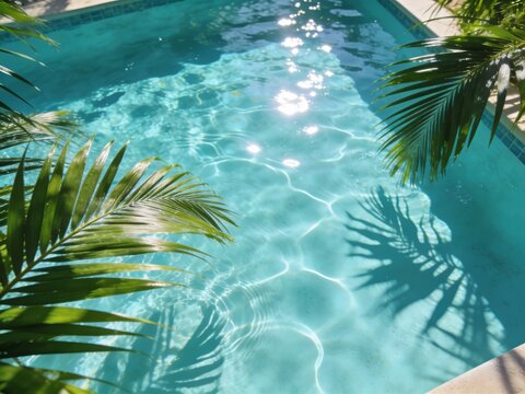 Tropical palm leaves over sparkling blue pool water.