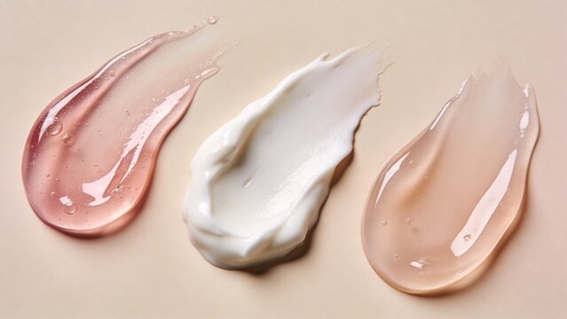 Minimal skincare texture swatches on a soft beige background.