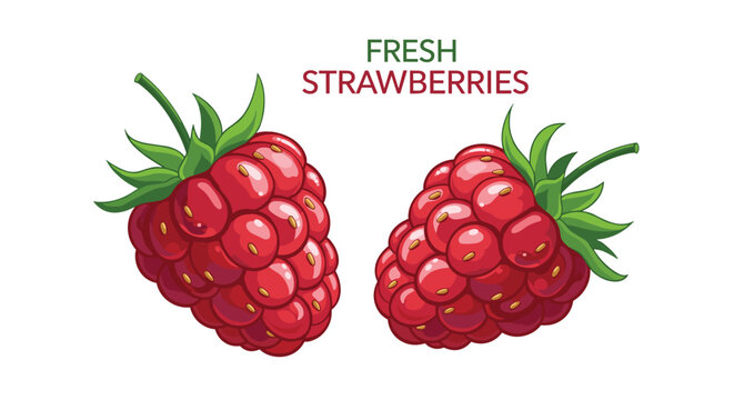 Two delicious red raspberries with green leaves are shown on a white background with the text Fresh Strawberries.