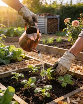 Gardener watering young vegetables in a sunny backyard garden.