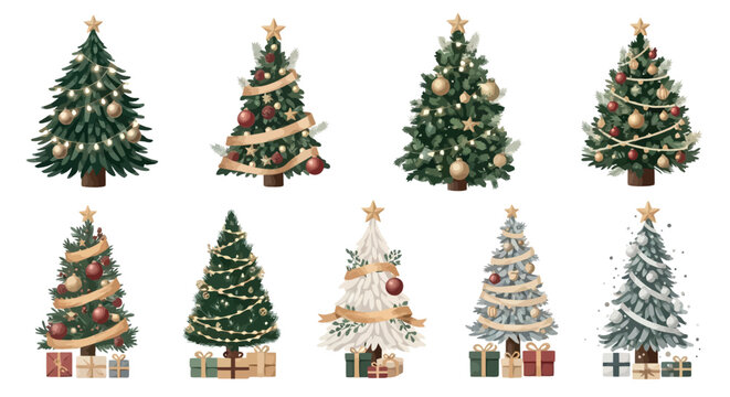 Decorated christmas trees with gifts and ornaments in festive holiday style