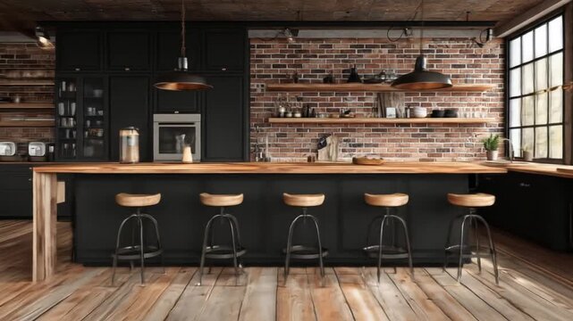 Modern kitchen interior with brick wall and wooden bar design