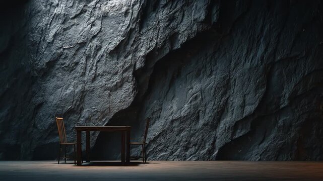 Stone wall and table with chairs dramatic interior with shadow and texture