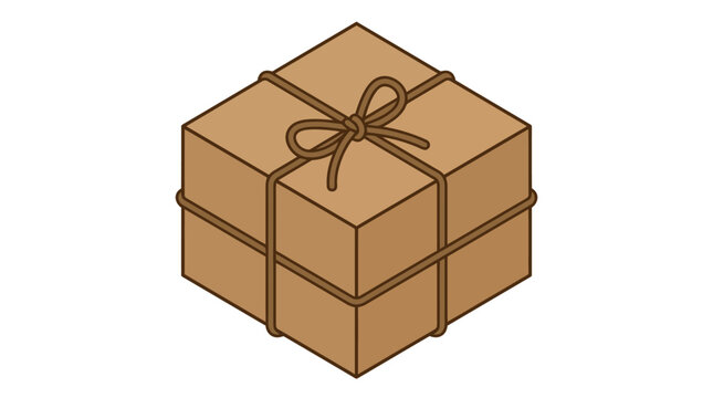 A simple isometric illustration of a brown cardboard box tied with twine.