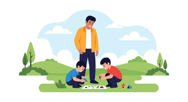 Happy father spending quality time playing with his two young sons outdoors in a green park with toy building blocks under a blue sky.