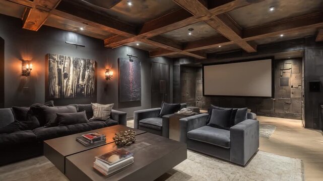Modern home theater interior with screen seating and rustic ceiling