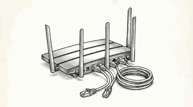 A detailed sketch of a modern wireless router with multiple antennas and Ethernet cables connected, illustrating network connectivity.