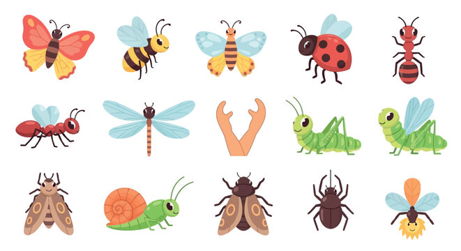 Cute Scandinavian garden insects and friendly bugs characters flat vector set