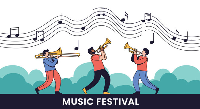 Group of three musicians playing trombone and trumpets at an outdoor music festival with musical notes floating in the air above them.