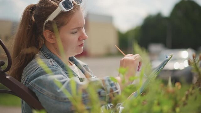 White woman painting outdoors on sketchbook, seated on iron bench with denim jacket, delicate pencil and brush strokes capturing nearby landscape, soft sunlight and serene creative focus