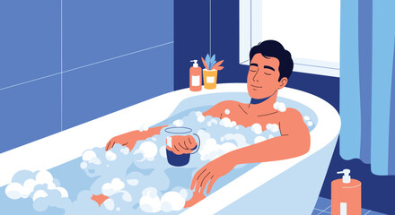 Obraz premium Relaxed man enjoys a warm bubble bath in a white tub while holding a drink in a cozy bathroom setting with blue tiled walls and plants.