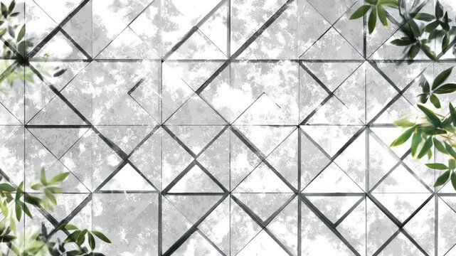 Geometric abstract wall with green foliage and sunlight effects