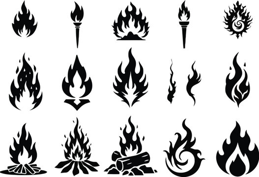 Fire Flame Silhouette Bundle Collection of Burning Fire Campfire Torch and Blaze Vector Illustration
