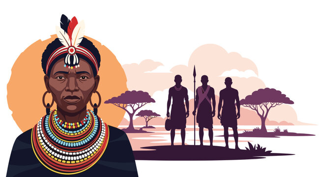 Portrait of a proud African woman in traditional beaded jewelry with warriors and acacia trees in the savanna background at a beautiful sunset.