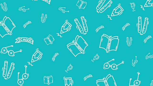 Blue background features playful school-themed icons. White outlines depict books, pencils, rulers, and glasses. Simple doodle style gives light, cheerful feel