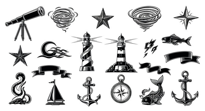 Vintage nautical and maritime illustration set of icons and symbols