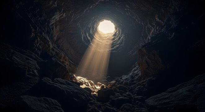 Dramatic cave entrance with bright light illuminating rocky interior