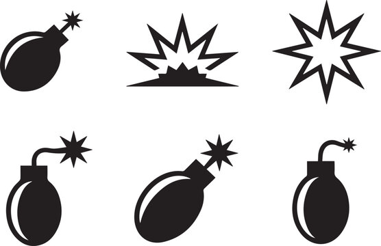 Explosive Bomb Icons Set in Minimalist Black Style on White Background