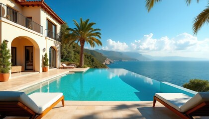 Obraz premium Luxury villa with infinity pool overlooks ocean cliffs. Palm trees sway near sun loungers. Blue sky meets calm sea water with distant mountains. Relaxing summer vacation spot.