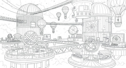 Obraz premium Detailed intricate vintage mechanical and architectural illustration with gears and buildings