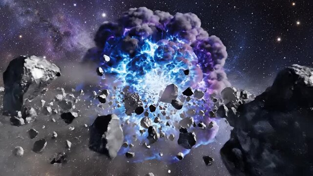 Exploding Asteroid in Space with Debris Field.