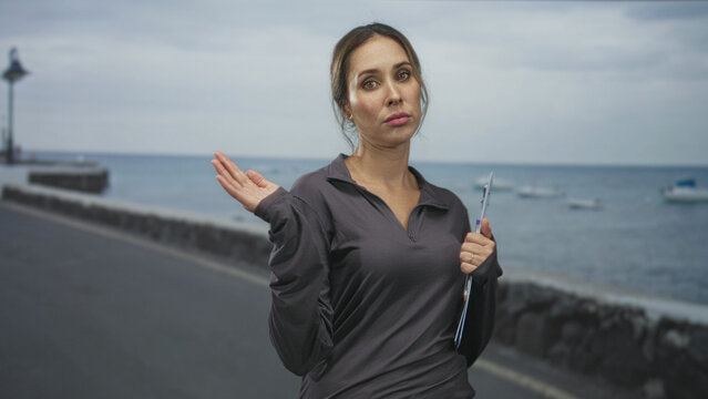 Woman holding blue clipboard and raising one hand in a shrug gesture on a street by the seaside; skepticism.