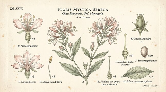 Vintage botanical illustration of Floris Mystica Serena, antique scientific flower diagram, aged parchment paper with detailed floral anatomy