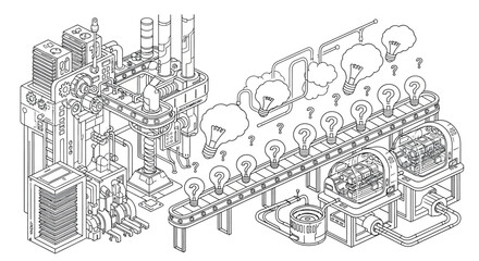 Obraz premium Vintage industrial laboratory equipment illustration with light bulbs and machinery