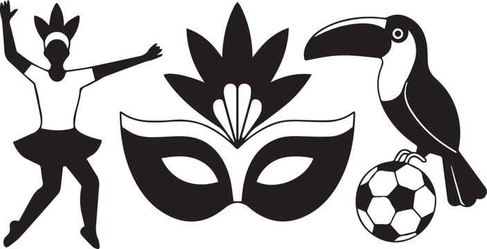Vector illustration of masquerade mask with toucan and soccer ball in black and white carnival style