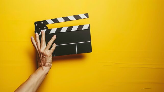 Hand holding a black and white film slate with yellow background.