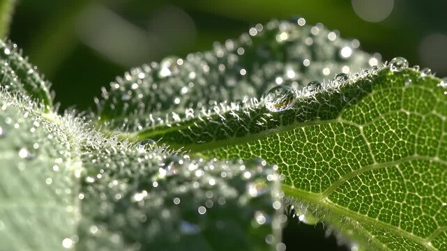 Macro shot of dew drops on a green leaf in the morning sun 1.