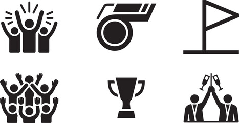 Victory Celebration Icons - Trophy, Fans, Whistle Vector © Uzzal