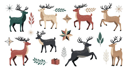 Obraz premium Set of colorful deer illustrations with festive holiday elements