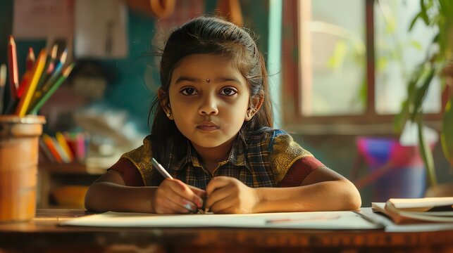 Young girl with a bindi on her forehead sits at a desk writing on a piece of paper with a pen, focusing on her work.