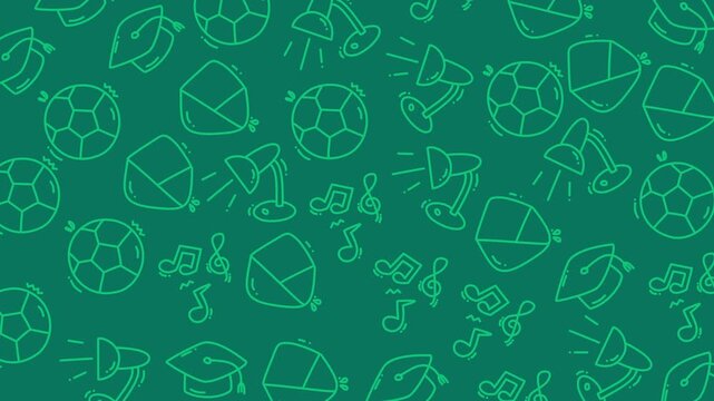 Green chalk outlines depict school symbols. Soccer balls, caps, and musical notes fill the scene. Doodles suggest learning and creativity. Ideal for educational or youth-themed projects
