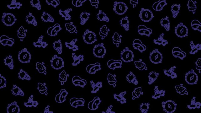 Purple outlines of fruits and desserts scattered on black background. Simple, playful shapes suggest fun or whimsical themes. Ideal for designs needing cute, minimal aesthetics
