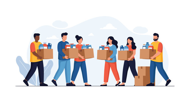 Volunteers work together to carry boxes of essential supplies and food for a community charity program or relief effort.